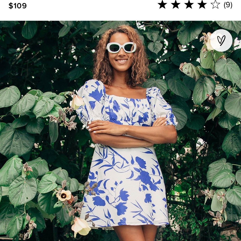 Celeste Blue and White Floral Print Puff Sleeve Mini Dress. Size medium.